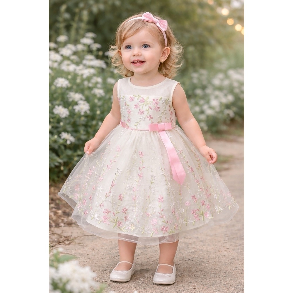 Jona Michelle Girls 2T Ivory Floral Embroidered Formal Tea Party Dress